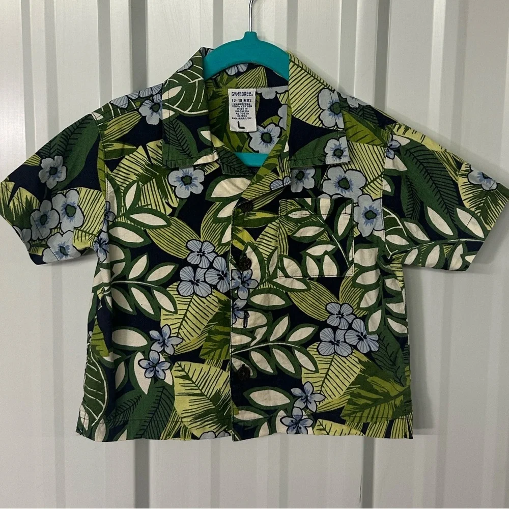 Infant Boys Vintage Gymboree Hawaiian Shirt Retro Tropical Palm Aloha Button Up